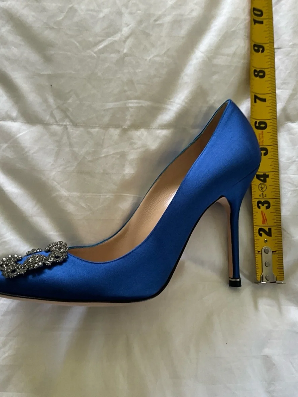 Manolo Blahnik Royal Blue Satin Pointed-Toe Crystal Buckle Pumps